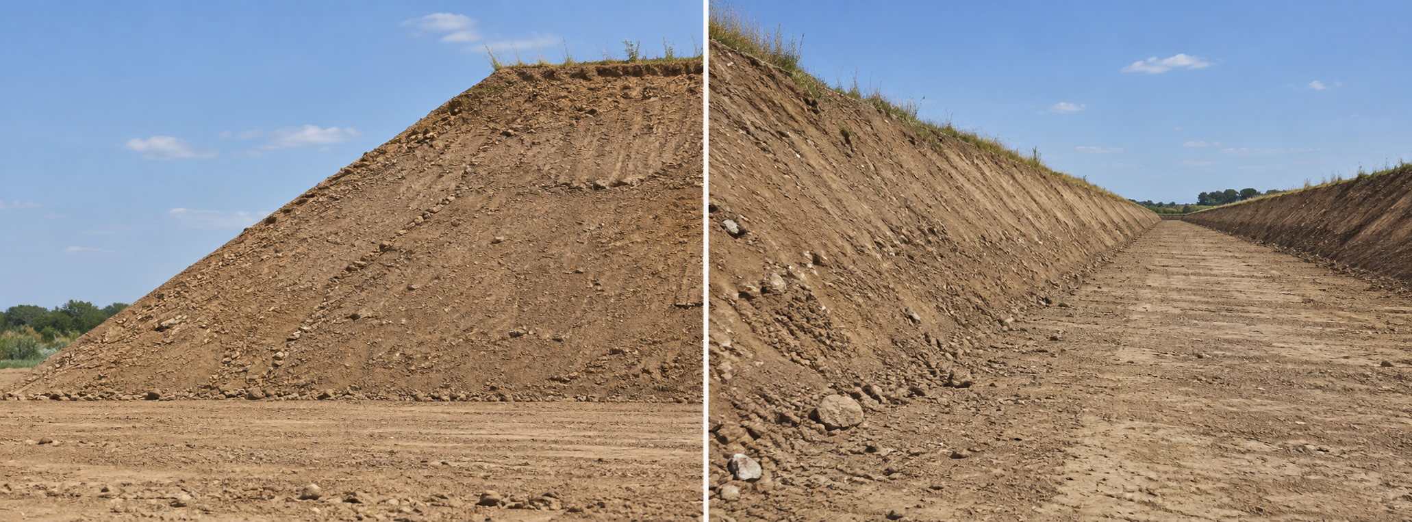 Two illustrative earth slopes: left, a side-on profile with a clear toe and crest; right, a view along an excavation with banks receding into the distance.